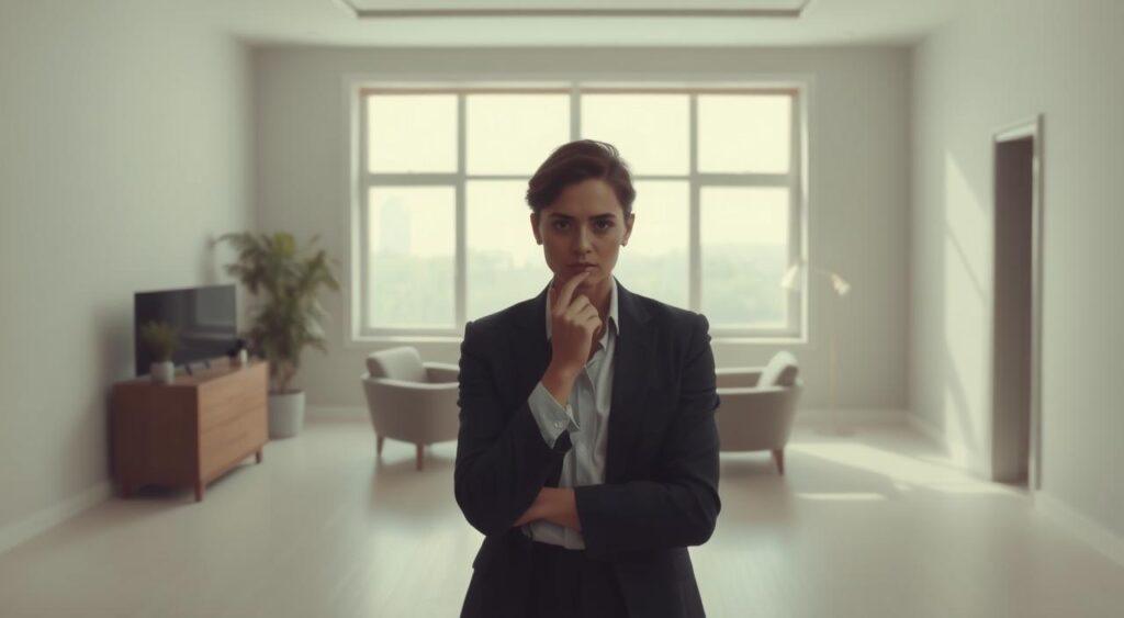 A serene indoor setting with soft, diffused lighting from a large window. In the foreground, a person thoughtfully poses, their expression guarded yet contemplative. They are dressed in professional attire, conveying an air of confidence and poise. In the middle ground, the person's surroundings are minimalist and uncluttered, creating a sense of privacy and control. The background fades into a muted, neutral palette, emphasizing the subject's centrality and the inward focus of the scene. The overall atmosphere is one of intentional self-presentation, a subtle yet deliberate curation of one's public image. A serene indoor setting with soft, diffused lighting from a large window. In the foreground, a person thoughtfully poses, their expression guarded yet contemplative. They are dressed in professional attire, conveying an air of confidence and poise. In the middle ground, the person's surroundings are minimalist and uncluttered, creating a sense of privacy and control. The background fades into a muted, neutral palette, emphasizing the subject's centrality and the inward focus of the scene. The overall atmosphere is one of intentional self-presentation, a subtle yet deliberate curation of one's public image.