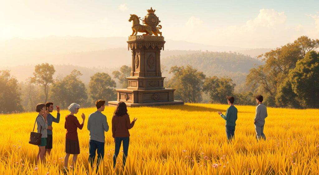 A serene meadow, bathed in warm, golden sunlight. In the foreground, a group of people engaged in heated debate, gesticulating animatedly as they discuss various "perfect" solutions to a complex problem. The middle ground features a towering, ornate pedestal, upon which rests a glittering, yet impractical, contraption - a representation of the "perfect" solution fallacy. In the distance, a hazy, dreamlike landscape, suggesting the disconnect between the lofty ideals and the realities of the situation. The overall composition conveys a sense of disconnection, as the people struggle to reconcile their vision of perfection with the practical limitations of the real world. nirvana fallacy mental model- reconcile their vision of perfection with the practical limitations of the real world.