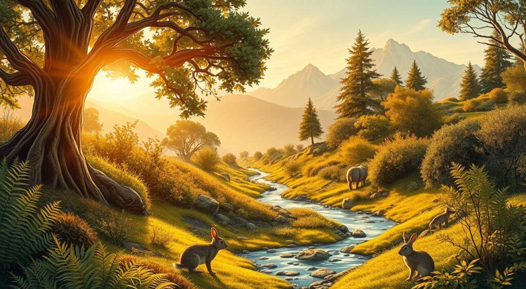 A serene natural landscape, illuminated by warm, golden sunlight. In the foreground, a diverse array of flora and fauna thrive - a towering oak tree, a lush fern undergrowth, a curious rabbit scurrying across the mossy ground. In the middle ground, a tranquil stream winds its way through the scene, its gentle current a metaphor for the relentless march of time. In the distance, majestic mountains rise, their peaks shrouded in a delicate mist, hinting at the grand, ever-changing cycles of nature. The overall atmosphere is one of balance, resilience, and the enduring power of adaptation in the face of a constantly evolving world.