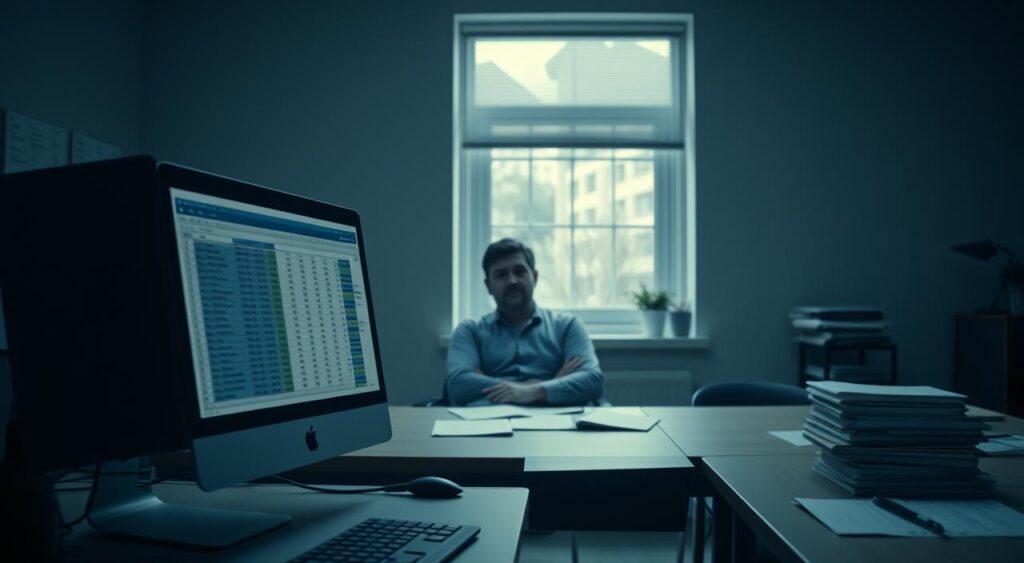 A serene office space, with a desk showcasing the "default choices" that shape our everyday decisions. In the foreground, a computer displays a spreadsheet, representing the logical, analytical aspects of decision-making. In the middle ground, a person sits contemplatively, their expression reflecting the internal struggle between the status quo and the desire for change. The background features a window, allowing natural light to filter in, symbolizing the broader context and perspectives that influence our choices. Soft, muted tones create a pensive atmosphere, inviting the viewer to consider the subtle yet profound impact of default options on our lives.