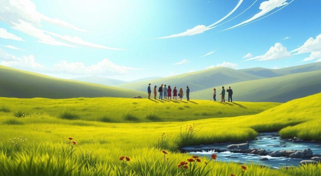 A serene pastoral landscape, with a lush green meadow and a babbling brook in the foreground. In the middle ground, a group of people are gathered, some sharing resources and cooperating, while others stand apart, taking without contributing. The background features rolling hills and a bright, azure sky, with wispy clouds drifting overhead. Soft, diffused lighting illuminates the scene, creating a sense of tranquility and contemplation. The composition emphasizes the tension between individual and collective interests, inviting the viewer to ponder the dynamics of the "free rider problem" and the "tragedy of the commons."
