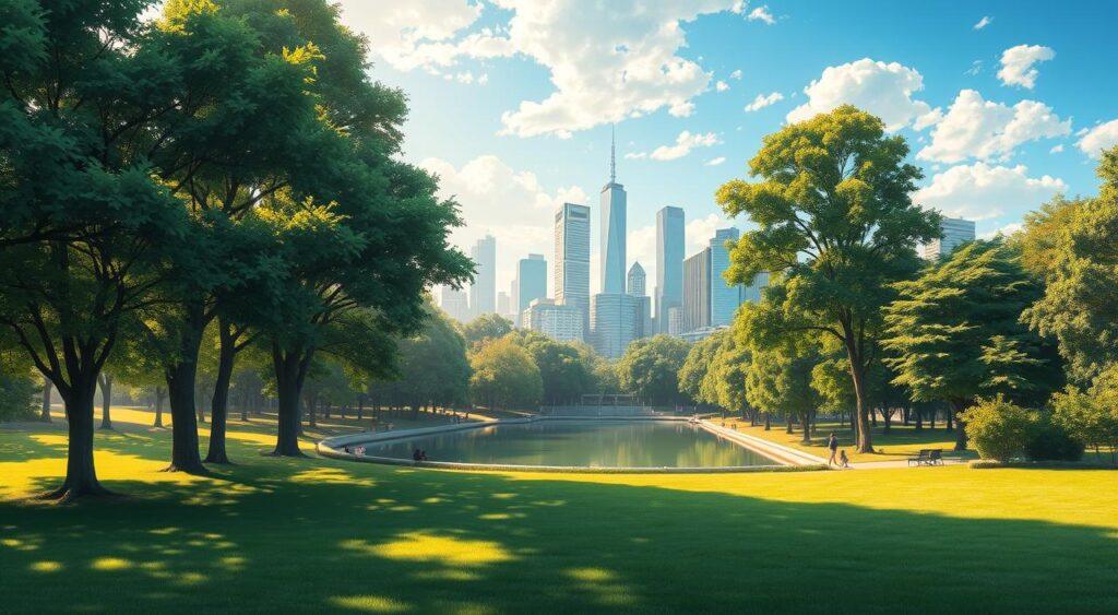 A serene public park with lush greenery, towering trees casting soft shadows, and people enjoying the outdoors. In the middle ground, a clean, well-maintained lake reflects the tranquil sky above. In the background, modern skyscrapers and a bustling city skyline, representing the juxtaposition of nature and urban infrastructure. The lighting is warm and diffused, creating a peaceful, inviting atmosphere. A wide-angle lens captures the expansive scene, showcasing the harmonious coexistence of public amenities and the built environment.