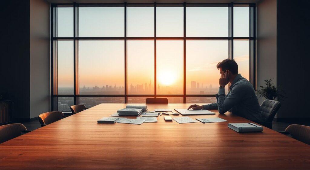 A serene, well-lit office interior with a large wooden desk at the center. On the desk, a person sits contemplatively, their head resting on one hand as they gaze intently at several documents and notes spread out before them. Behind the desk, a large window offers a panoramic view of a tranquil city skyline, bathed in the warm glow of the setting sun. The atmosphere is one of focused deliberation, as the individual navigates the complexities of their decision-making process, weighing options and considering the implications of their choices. The lighting is soft and diffused, creating a sense of thoughtful introspection. The scene conveys the essence of the "Optionality Mental Model" - a strategic approach to decision-making that emphasizes flexibility, adaptability, and the exploration of multiple paths forward.