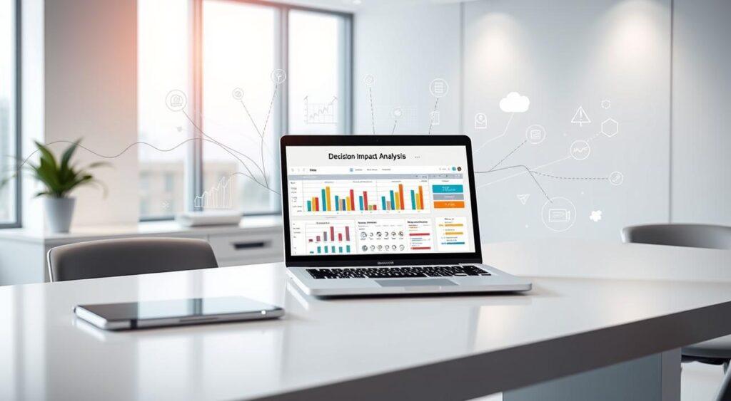 A serene, well-lit office interior with a sleek, modern desk prominently displayed. On the desk, a laptop open to a spreadsheet showing a detailed "Decision Impact Analysis", with colorful graphs and charts illustrating the magnitude and likelihood of various outcomes. The background features stylized, ethereal visual elements representing the cognitive process of decision-making, such as flowing data streams, thought bubbles, and minimalist icons. The overall mood is one of focused deliberation and analytical clarity, conveying the foundational importance of understanding the potential impacts of a decision.