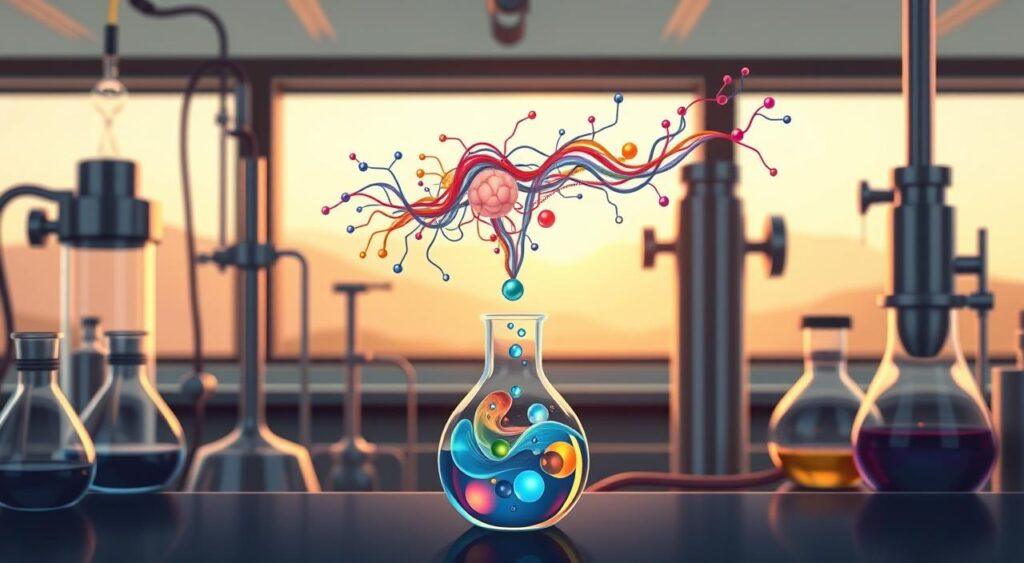 A sleek, modern laboratory setting with gleaming steel and glass equipment. In the foreground, a beaker filled with a vibrant swirling mixture, representing the activation energy of a chemical reaction. Floating above it, a flowing visual metaphor depicting the transition from the physical realm to the behavioral, with colorful neural pathways and synaptic connections. The background is a softly blurred landscape, hinting at the broader context of human cognition and decision-making. Warm, directional lighting casts subtle shadows, creating depth and drama. The overall atmosphere is one of scientific exploration, the interconnectedness of physical and mental processes. A sleek, modern laboratory setting with gleaming steel and glass equipment. In the foreground, a beaker filled with a vibrant swirling mixture, representing the activation energy of a chemical reaction. Floating above it, a flowing visual metaphor depicting the transition from the physical realm to the behavioral, with colorful neural pathways and synaptic connections. The background is a softly blurred landscape, hinting at the broader context of human cognition and decision-making. Warm, directional lighting casts subtle shadows, creating depth and drama. The overall atmosphere is one of scientific exploration, the interconnectedness of physical and mental processes.