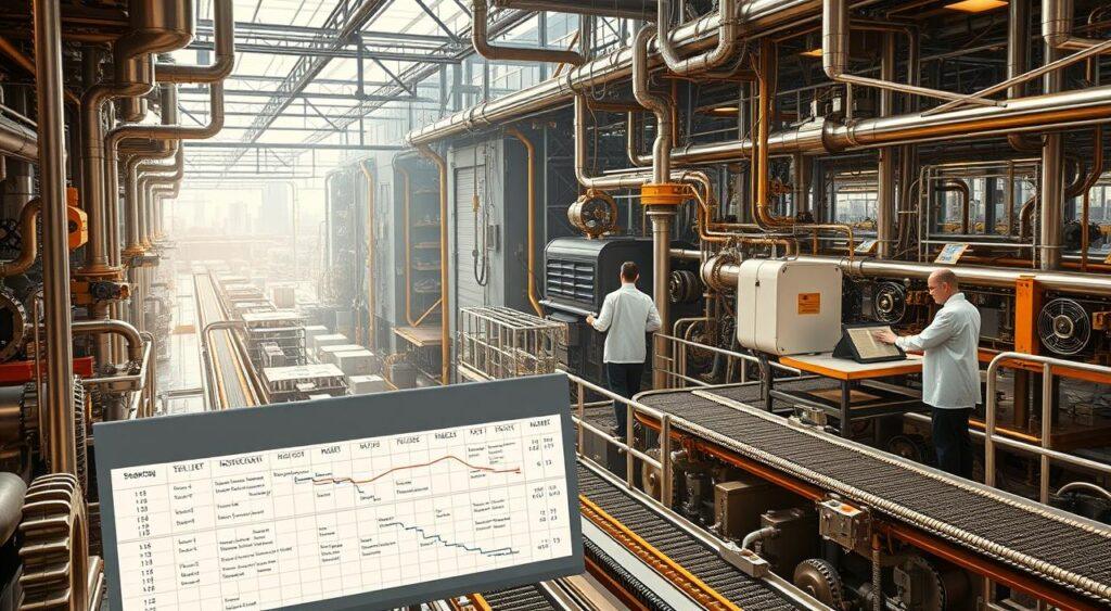 A sprawling supply chain network, with intricate cogs and gears in perfect synchronization. Gleaming metal pipes and conveyor belts wind through the frame, transporting goods with precision. In the foreground, a schedule board displays a complex matrix of production timelines, monitored by a team of analysts in crisp white coats. Soft, diffused lighting casts a warm glow, suggesting a harmonious, well-oiled operation. The background fades into a hazy, futuristic cityscape, hinting at the far-reaching impact of optimized supply chain management. Subtle hints of the Theory of Constraints methodology are woven throughout, guiding the optimization process.