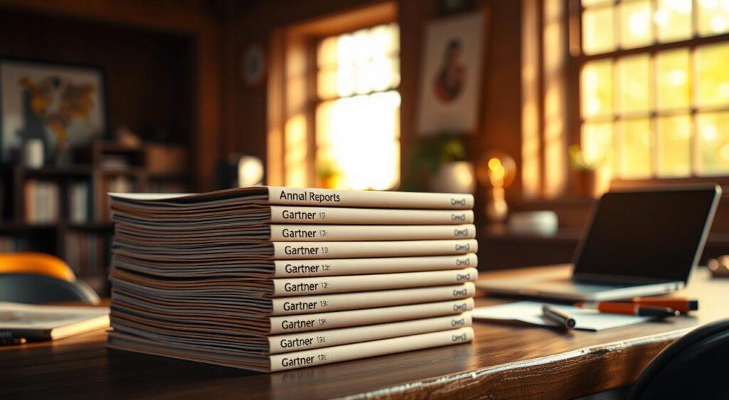 A stack of Gartner annual reports sits on a wooden desk, illuminated by warm, natural lighting filtering through a large window. The reports have a muted, earthy color palette, with the Gartner logo and branding subtly embossed on the covers. The desk is slightly cluttered, with a few pens and a laptop nearby, suggesting an active workspace. The background is blurred, creating a sense of depth and focus on the reports as the central subject. The overall mood is one of scholarly contemplation, inviting the viewer to engage with the materials and the insights they may contain.