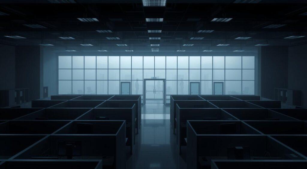 A stark, dimly-lit office interior with rigid departmental divisions. In the foreground, cubicles and workstations are separated by towering, opaque partitions, creating a sense of isolation and disconnect. The middle ground features a maze of corridors and closed office doors, symbolizing the barriers between teams. The background is hazy, with a few lone figures visible through frosted glass walls, underscoring the siloed, insular nature of the workplace. The lighting is harsh, casting harsh shadows and creating a somber, claustrophobic atmosphere. An overhead wide-angle lens emphasizes the rigid, compartmentalized layout, visually representing the tribalism and lack of collaboration within this workplace.