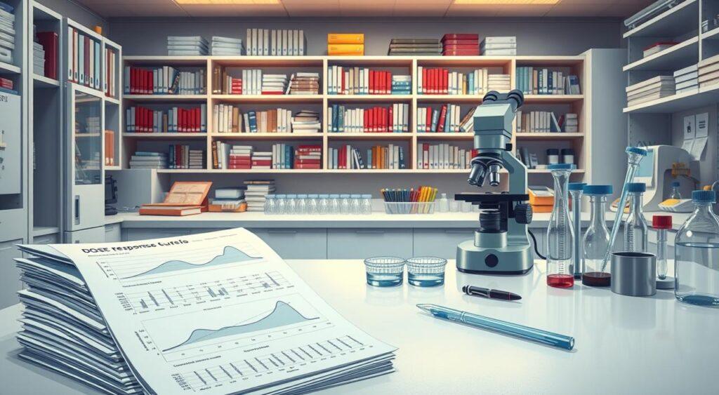 A sterile laboratory setting with scientific instruments and research materials. In the foreground, a stack of scientific papers and data charts depicting dose-response curves. In the middle ground, a microscope, petri dishes, and pipettes arranged neatly on a clean, white countertop. In the background, shelves filled with scientific journals, reference books, and laboratory equipment, all bathed in the warm glow of task lighting. The overall atmosphere conveys a sense of rigorous, evidence-based inquiry, reflecting the scientific foundations of the Hormesis mental model.