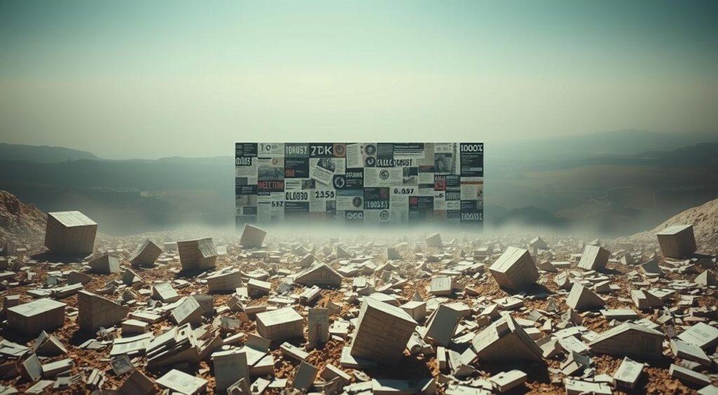 A surreal and asymmetric landscape depicts the contrast between truth and misinformation. In the foreground, a jumble of distorted, fragmented shapes and forms symbolize the disjointed nature of false narratives. The middle ground features a kaleidoscopic array of contradictory information, with data points and visual elements at odds with one another. In the background, a vast, hazy expanse represents the scale and pervasiveness of misinformation, casting an ominous shadow over the entire scene. The lighting is stark and unforgiving, casting harsh shadows and highlighting the disjointed nature of the composition. The overall mood is one of unease, disorientation, and the unsettling feeling that truth has been obscured by a veil of deception.