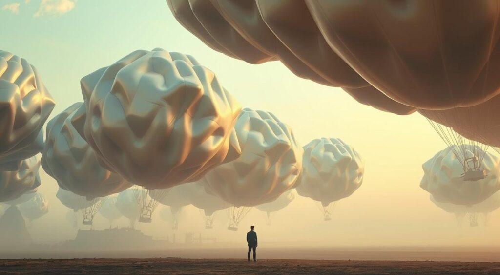 A surreal landscape of inflated expectations, where billowing, iridescent spheres float effortlessly in a dreamlike sky. In the foreground, a lone figure stands in awe, their silhouette dwarfed by the towering, distorted orbs that shimmer and sway, casting kaleidoscopic reflections on the ground below. The middle ground is a hazy, ethereal plane, with the spheres seemingly suspended in a state of tranquil levitation, their surfaces shimmering with an otherworldly glow. The background fades into a subtle, gradient-filled horizon, hinting at the boundless possibilities and the illusion of limitless growth. The scene is bathed in a warm, golden light, creating a sense of optimism and wonder, yet with an underlying tension that suggests the fragility of these inflated expectations.