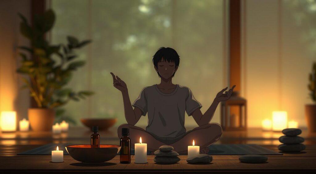 A tranquil, dimly lit scene of a person practicing stress-relieving techniques. In the foreground, a person sits cross-legged, eyes closed, and palms facing upwards, exuding a sense of inner calm. The middle ground features various therapeutic objects, such as a bowl of soothing essential oils, a few candles, and a small pile of smooth stones. The background is blurred, evoking a peaceful, secluded environment, perhaps a serene garden or a cozy, minimalist interior. The lighting is soft and warm, creating a soothing atmosphere that invites the viewer to engage in their own stress-relieving practices.