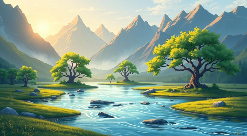 A tranquil landscape, where mental models intertwine and harmonize. In the foreground, a flowing river symbolizes the integration of different cognitive frameworks, its surface reflecting the interconnected concepts. Towering mountains in the background represent the foundational principles that anchor the mental models, casting a warm, contemplative glow. Lush, verdant trees in the middle ground signify the growth and adaptation of these models, their branches reaching out to one another. Soft, diffused lighting illuminates the scene, creating a serene and meditative atmosphere, inviting the viewer to explore the nuances of this mental model integration. A tranquil landscape, where mental models intertwine and harmonize. The Principle of Minimum Energy Mental Model