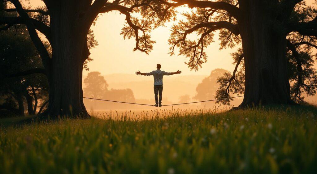 A tranquil meadow, the foreground filled with lush, swaying grass and wildflowers. In the middle ground, a lone figure stands, arms outstretched, balancing on a tightrope suspended between two towering oak trees. The figure's posture exudes a sense of caution and deliberation, each step measured and precise. The background fades into a hazy, golden sunset, the warm light casting a soft glow over the entire scene. The composition evokes a sense of precarious equilibrium, a delicate balance between risk and reward. The lighting is soft and natural, the focus sharp on the central figure, creating a sense of depth and drama. The overall mood is one of thoughtful contemplation, inviting the viewer to consider the careful navigation of uncertain outcomes.