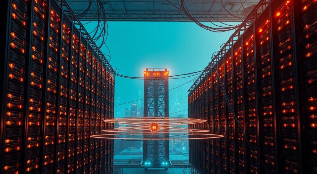 A vast data center looming in the foreground, its towering server racks illuminated by warm, diffuse lighting. In the middle ground, intricate networks of cables and fiber optics crisscross, connecting the servers to remote cloud storage clusters. The background fades into a hazy, blue-tinted skyline, hinting at the global scale of this redundant, interconnected infrastructure. Sleek, modern architectural design lends an air of technological sophistication, while the depth of field and atmospheric perspective convey a sense of depth and scale. The overall mood is one of efficiency, reliability, and the seamless integration of complex systems.