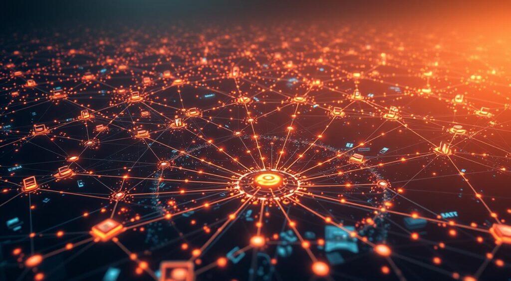 A vast digital landscape, a web of interconnected nodes pulsing with energy. In the foreground, a central hub where data streams converge, surrounded by a constellation of peripheral elements - devices, applications, and users - all linked by intricate pathways. The scene is illuminated by a warm, ambient glow, casting a subtle, ethereal quality over the proceedings. The perspective is slightly elevated, allowing the viewer to appreciate the scale and complexity of the network effects at play. Subtle gradients and depth of field create a sense of depth and dynamism, mirroring the ever-evolving nature of this technological ecosystem.