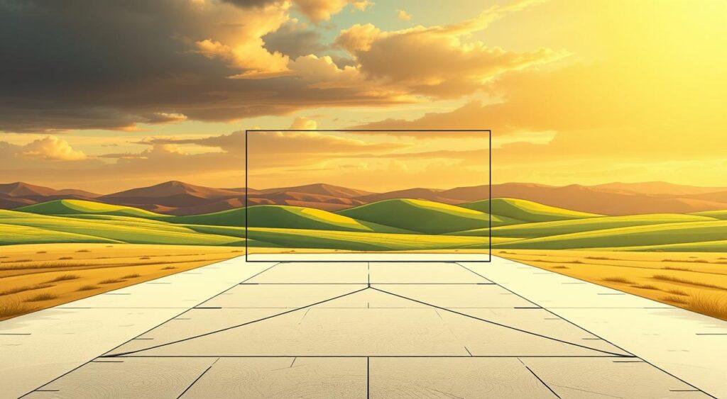 A vast, open landscape with a sleek, modern decision framework taking center stage. The foreground features a minimalist, geometric structure with intersecting planes and lines, representing the key elements of a values-driven decision process. The middle ground showcases a serene, natural setting, with rolling hills and a vibrant, verdant palette, symbolizing the harmony between personal values and practical considerations. In the background, a dramatic sky filled with warm, golden light casts a contemplative glow, evoking a sense of clarity and purpose. The overall composition conveys a sense of balance, intentionality, and a bold, forward-thinking approach to decision-making.