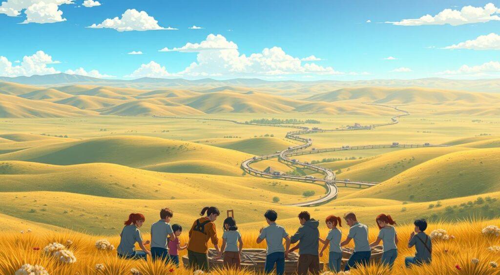 A vast, open landscape with rolling hills and a clear blue sky. In the foreground, a group of people collaborate, sharing resources and working together to build a communal structure. Their expressions are focused, their movements coordinated, as they demonstrate the mechanics of public goods - the collective provision and management of shared assets for the common good. In the middle ground, a network of interconnected pathways and shared infrastructure wind through the scene, symbolizing the interdependence and mutual benefit inherent in public goods. The lighting is soft and natural, casting a warm, inviting glow over the entire composition. The overall atmosphere conveys a sense of community, cooperation, and the power of collective action.