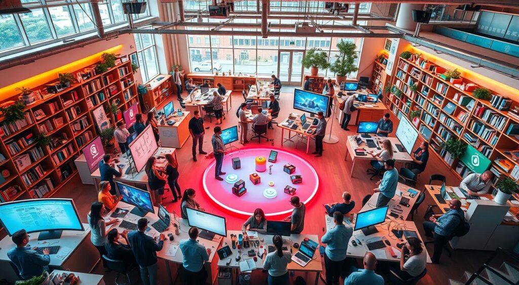A vibrant open office space, filled with an energetic buzz of collaboration and discovery. Diverse teams of innovators gathered around whiteboards, sketching out ideas and prototypes. Neon-lit workstations showcase a kaleidoscope of digital displays, holograms, and 3D-printed models. In the center, a circular stage with projection screens, where colleagues share the results of their latest experiments. Warm task lighting and natural sunlight from large windows create an atmosphere of exploration and possibility. Shelves brimming with books, gadgets, and inspirational art pieces dot the periphery, fueling the culture of curiosity and continuous learning.
