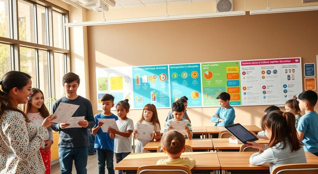 A well-lit, modern classroom setting with students engaged in various reward-based learning activities. In the foreground, a group of students excitedly presenting their projects to a teacher, who is handing out certificates and stickers. In the middle ground, students collaborating on interactive learning stations, earning points and digital badges on their tablets. The background depicts a vibrant, colorful wall display showcasing student achievements, with infographics and visualizations illustrating the merits of diverse reward systems in education. Warm, natural lighting filters through large windows, creating a sense of energy and positivity within the learning environment. reward-based learning activities-incentives Mental Model