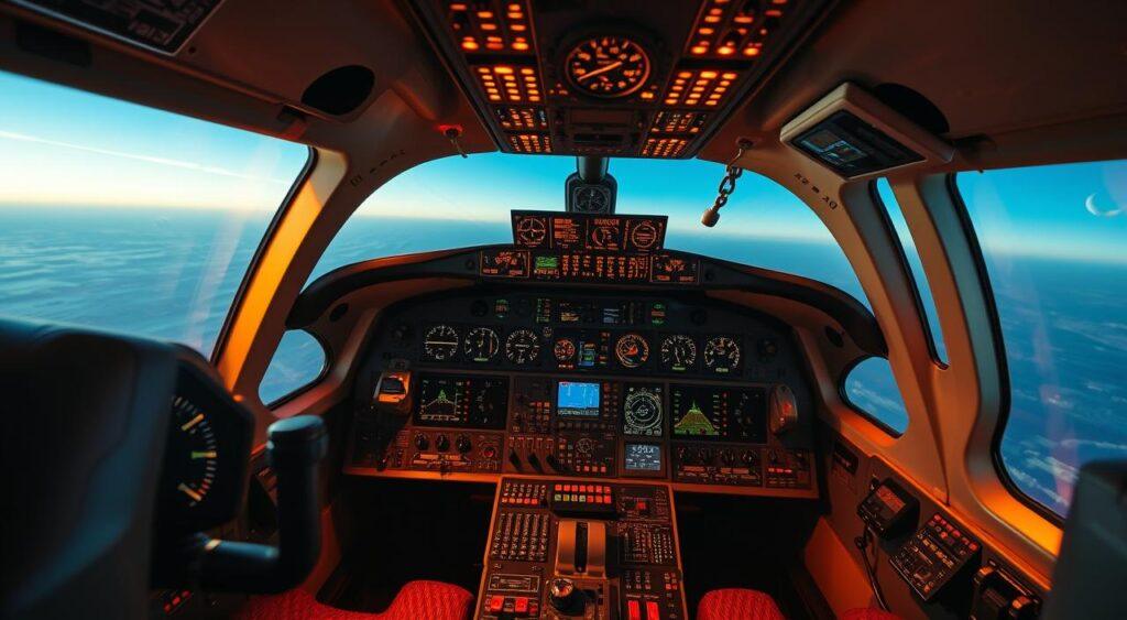 An airplane cockpit, illuminated by warm indirect lighting, with a clear view of the control panel and various safety systems. The foreground features a high-resolution close-up of the altimeter, airspeed indicator, and other flight instruments, conveying a sense of precision and technical prowess. The middle ground showcases the central control console, with numerous switches, knobs, and displays, suggesting the complexity and redundancy of the aircraft's safety mechanisms. In the background, the windshield offers a panoramic view of the sky, with the distant horizon visible, creating a calming and serene atmosphere that contrasts with the technical focus of the cockpit.
