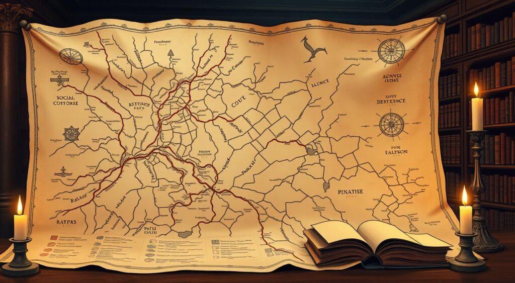An antique map unfurling, revealing the interwoven paths of history that have led to the modern concept of path dependence. In the foreground, a weathered parchment depicts the branching trajectories of social, economic, and technological developments, connected by delicate lines tracing the complex web of cause and effect. The middle ground features ancient tomes and scrolls, symbolizing the scholarly origins of this influential mental model. In the distant background, a dimly lit library shelves hold the accumulated knowledge that has shaped our understanding of the path dependence phenomenon over time. Warm candlelight illuminates the scene, casting a sense of timeless contemplation and the weight of historical precedent.