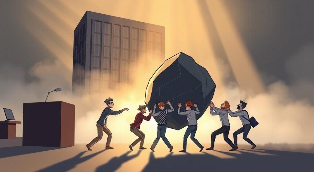 An office setting with a large, imposing corporate building in the background, partially obscured by a dense fog. In the foreground, a group of determined-looking employees are working together to push against a massive, immovable boulder - representing the organizational inertia they are trying to overcome. The lighting is dramatic, with rays of sunlight breaking through the fog and casting long shadows across the scene. The employees' expressions convey a sense of struggle and determination, as they work collaboratively to make progress against the seemingly insurmountable obstacle. The overall atmosphere is one of tension and challenge, but also hope and perseverance. An office setting with a large, imposing corporate building in the background, partially obscured by a dense fog. In the foreground, a group of determined-looking employees are working together to push against a massive, immovable boulder - representing the organizational inertia they are trying to overcome. The lighting is dramatic, with rays of sunlight breaking through the fog and casting long shadows across the scene. The employees' expressions convey a sense of struggle and determination, as they work collaboratively to make progress against the seemingly insurmountable obstacle. The overall atmosphere is one of tension and challenge, but also hope and perseverance.