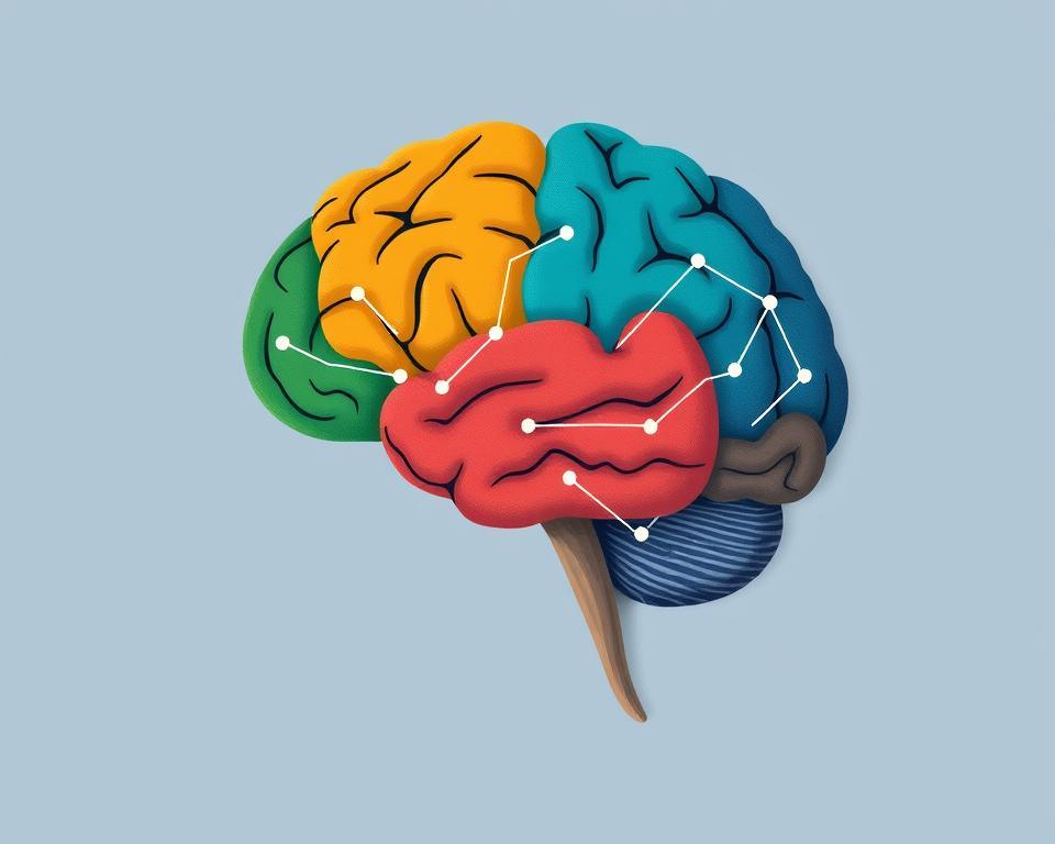 Brain with different colored sections connecting, representing the key concepts of the alloying mental model Brain with different colored sections connecting, representing the key concepts of the alloying mental model