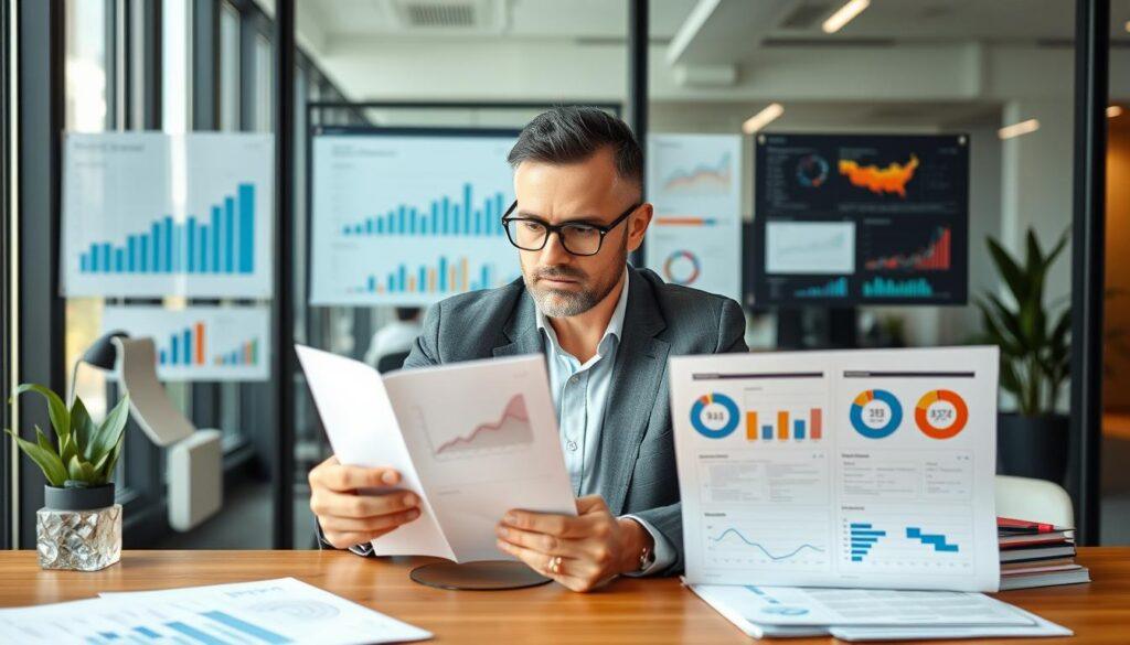Business leader analyzing diverse metrics and qualitative feedback, applying Campbell's Law mental model