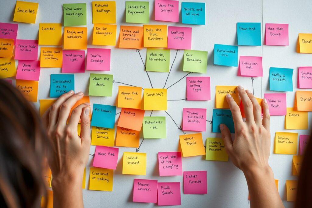 Creative brainstorming session showing ideas being combined, illustrating the alloying mental model in creativity Creative brainstorming session showing ideas being combined, illustrating the alloying mental model in creativity