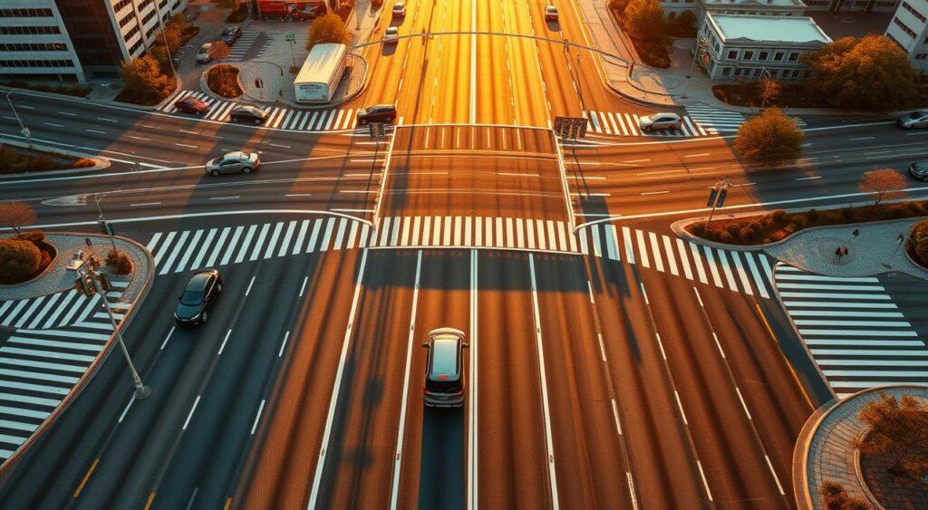 Detailed aerial view of a city intersection with optimized traffic flow. Sleek autonomous vehicles navigate through a complex network of roads, traffic signals, and lane markings. Meticulously designed road layout, lane configurations, and dynamic signaling systems manage the flow of traffic, minimizing congestion and reducing commute times. Warm sunset lighting illuminates the scene, casting long shadows across the asphalt. Subtle hues of orange and yellow create a serene, futuristic atmosphere. The camera angle provides an elevated perspective, showcasing the interconnected nature of the traffic optimization strategies.