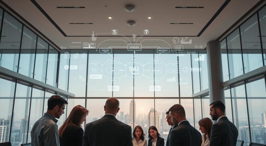 Elegant office interior with sleek minimalist design, large panoramic windows overlooking a bustling cityscape. Amidst the clean lines and neutral tones, a central workflow diagram appears, showcasing interconnected processes and feedback loops. Holographic projections shimmer above the workspace, displaying real-time analytics and optimization strategies. Subtle lighting creates a serene, focused atmosphere, encouraging deep concentration and strategic problem-solving. In the foreground, a team of professionals collaborates intently, their expressions intense yet determined, as they navigate the complexities of organizational efficiency.
