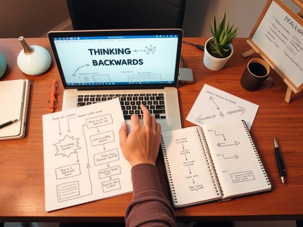 Person implementing thinking backwards approach at a desk with diagrams and notes Person implementing thinking backwards approach at a desk with diagrams and notes