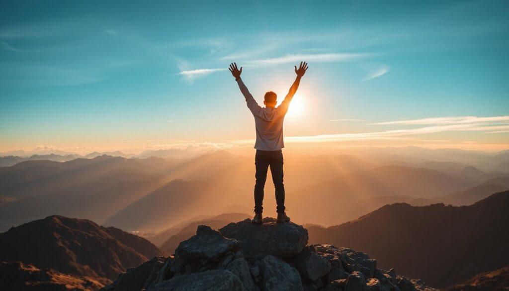 Person standing at the summit of a mountain, representing the achievement of directional progress Person standing at the summit of a mountain, representing the achievement of directional progress