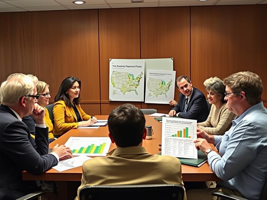 Policy meeting with diverse stakeholders discussing balanced measurement approaches, showing Campbell's Law mental model application
