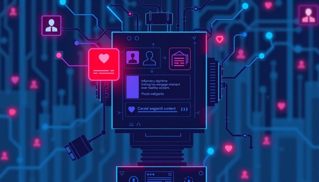 Social media algorithm promoting engaging but potentially harmful content, showing Campbell's Law mental model in action