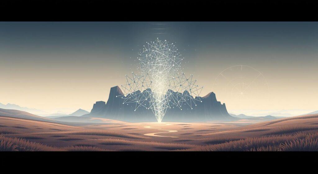 Theoretical foundations of adaptation: a visually striking and conceptual illustration. A serene, minimalist landscape with a central structure resembling a neural network or interconnected nodes. The network pulses with subtle energy, representing the dynamic, adaptive processes underlying change and evolution. Soft, diffused lighting casts a contemplative, pensive mood. In the background, abstract geometric shapes and patterns suggest the underlying mathematical and scientific principles that govern adaptation. The overall composition conveys a sense of balance, complexity, and the interplay between structure and fluidity - the core tenets of the adaptation mental model.
