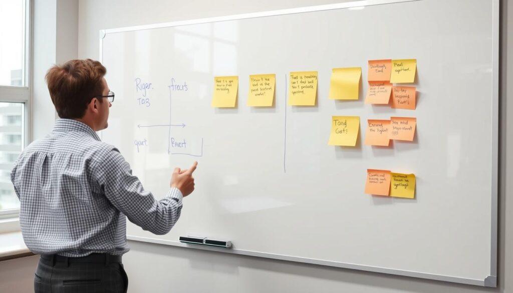 Whiteboard showing a backwards planning session with sticky notes Whiteboard showing a backwards planning session with sticky notes