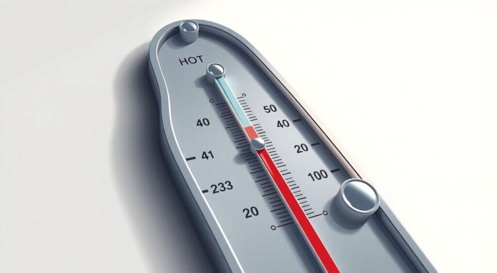 a highly detailed, hyper-realistic illustration of a navigation system in the shape of a thermometer, with a mercury indicator showing the transition between hot and cold states. the navigation elements are rendered in a sleek, minimalist style with a sophisticated color palette of muted blues, grays, and reds. the thermometer is placed against a neutral background, allowing the navigation system to be the focal point. the lighting is soft and directional, creating subtle shadows and highlights that enhance the sense of depth and dimensionality. the overall composition conveys a sense of balance, control, and the delicate navigation between emotional states.