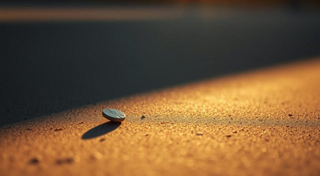 a hyper-detailed, hyper-realistic, cinematic, dramatic photograph of a single small item like a pebble, coin, or paperclip casting a large, elongated shadow on the ground that extends far into the distance, conveying the powerful visual metaphor of "small actions, big impact", the item lit by a warm, directional, golden-hour sunlight, shot from a low angle with a shallow depth of field to emphasize the contrast between the small item and its expansive shadow, against a simple, minimalist background with a sense of open space and possibility Catalysts Mental Model- a sense of possibility