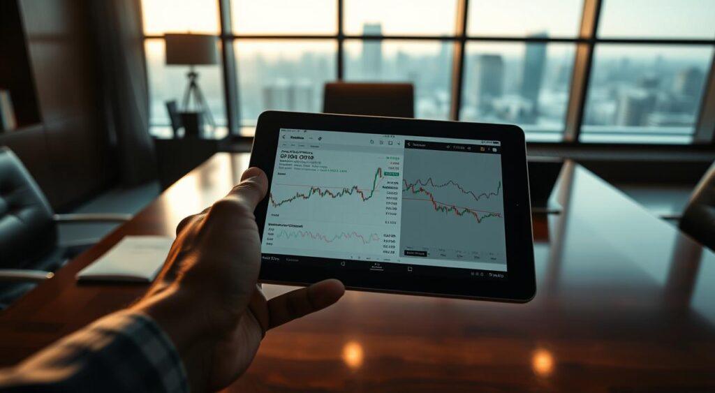 a hyper-realistic, cinematic, wide-angle photograph of a financial options trading strategy, displayed on a tablet device in a dimly lit, sophisticated office environment. The tablet shows various options contracts and volatility graphs, with a sleek, minimalist user interface. In the foreground, a hand holds the tablet, showcasing the tactile nature of the technology. The middle ground features a wooden desk, a leather chair, and a subtle reflection of the tablet on the desktop's polished surface. The background is blurred, hinting at a skyline visible through large windows, creating a sense of depth and urban atmosphere. The lighting is soft and dramatic, casting subtle shadows and highlights, emphasizing the technical and strategic nature of the subject matter.