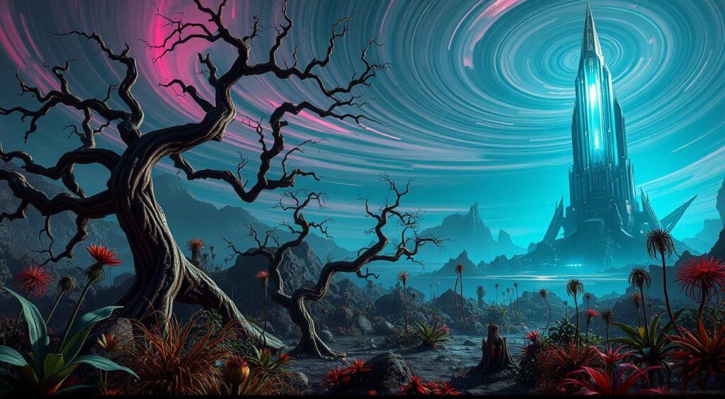 a retro-futuristic sci-fi landscape with twisted, gnarled tree-like forms emerging from the earth, their branches reaching up towards a swirling, neon-tinged sky. In the foreground, an alien botanical garden with bizarre, otherworldly flora casting long, distorted shadows. The middle ground features a crumbling, half-buried technology relic, its metallic surfaces overgrown with alien vegetation. In the distance, a towering, crystalline structure glows with an internal luminescence, hinting at the advanced civilizations of a forgotten era. The scene is bathed in a moody, atmospheric lighting, creating a sense of mystery and wonder. Subtle lens distortion and a cinematic color palette heighten the surreal, dreamlike quality of the image.