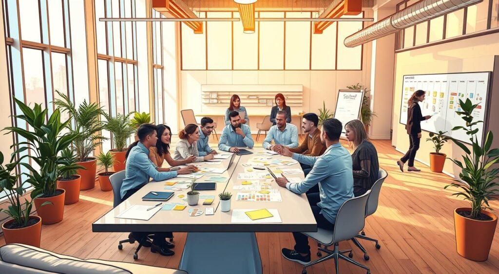 A bustling open-office workspace, flooded with warm, natural light from tall windows. In the foreground, a diverse team of professionals collaborating around a sleek conference table, engaged in a lively discussion, gesturing animatedly. Colorful sticky notes, sketches, and diagrams cover the table, evidence of their creative problem-solving. The middle ground features comfortable lounge seating and potted plants, fostering an atmosphere of productivity and well-being. In the background, a minimalist whiteboard displays a project timeline, reinforcing the team's focus and organization. The overall scene conveys a sense of synergy, innovation, and a shared sense of purpose driving their cooperative efforts.
