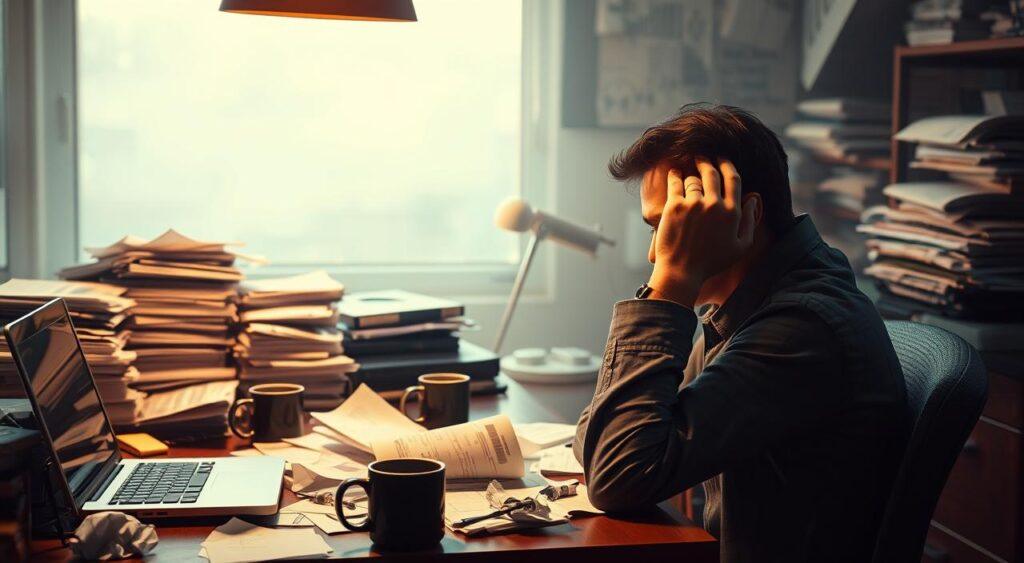 A cluttered desk with stacks of financial documents, a laptop, and a calculator, illuminated by a warm overhead light. In the foreground, a person sits deep in thought, fingers on their temples, surrounded by crumpled papers and half-empty coffee mugs. The background is hazy, suggesting the distractions and mental traps that can plague investment decision-making. The scene conveys a sense of frustration and information overload, underscoring the impact of the Anchoring Bias on financial decisions.