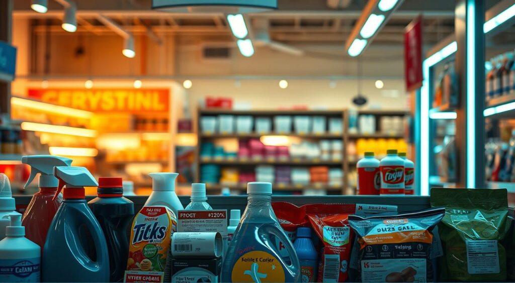 A retail store display showcasing various price tags and labels on products. The foreground features a selection of everyday household items such as cleaning supplies, toiletries, and packaged snacks, each with clear, prominent price tags. The middle ground shows shelving units with a variety of merchandise, creating a sense of a well-stocked store environment. The background depicts a brightly lit retail space with warm, inviting lighting and a clean, minimalist aesthetic. The overall scene conveys a sense of consumer decision-making and the visual cues that can influence purchasing behavior.