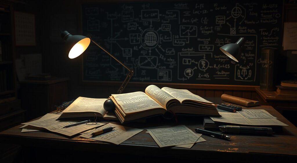 A serene, dimly lit study with a weathered wooden desk. On the desk, a stack of open books and scattered papers, each covered in handwritten notes and diagrams. A single desk lamp casts a warm, focused glow, illuminating the research materials. In the background, a large chalkboard filled with equations, concepts, and mind maps, hinting at the complex cognitive processes being explored. The overall atmosphere is one of deep contemplation and academic rigor, capturing the essence of &amp;amp;amp;amp;quot;cognitive heuristics research&amp;amp;amp;amp;quot;.