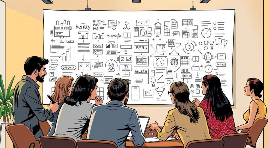 A team of diverse professionals collaborating on a comprehensive framework for effective cooperation. The foreground depicts a group of individuals from various backgrounds gathered around a table, engaged in lively discussion and exchanging ideas. The middle ground showcases a large whiteboard or digital display filled with intricate diagrams, charts, and notes, representing the collaborative process. The background is illuminated by warm, natural lighting, creating a welcoming and focused atmosphere conducive to productive teamwork. The overall scene conveys a sense of synergy, innovation, and a shared commitment to redefining the traditional approach to cooperation.