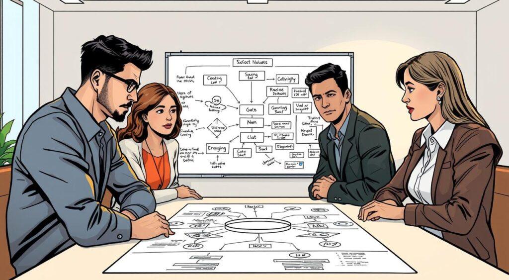 A team of professionals gathered around a table, their expressions reflecting clarity and focus. The foreground depicts individuals with distinct roles, each represented by unique icons or symbols, emphasizing their specific responsibilities. In the middle ground, a large whiteboard displays a well-organized visual framework, outlining shared goals and responsibilities. Soft, warm lighting illuminates the scene, creating an atmosphere of collaboration and productivity. The background features a minimalist office setting, with clean lines and muted colors, allowing the team's interaction to be the central focus. The overall impression conveys a sense of shared mental models, where team members understand their individual parts in the greater collective effort.