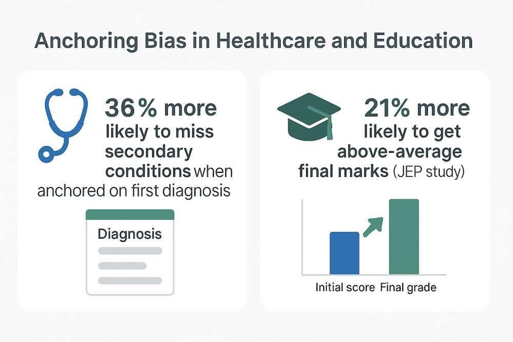 Infographic showing how anchoring bias affects medical diagnoses and teacher grading decisions in healthcare and education