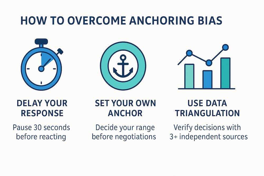 Infographic showing three strategies to overcome anchoring bias: delay response, set your own anchor, use data triangulation